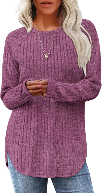 Long Sleeve Tunic Top for Women - Loose Fit Pullover with Curved Hem