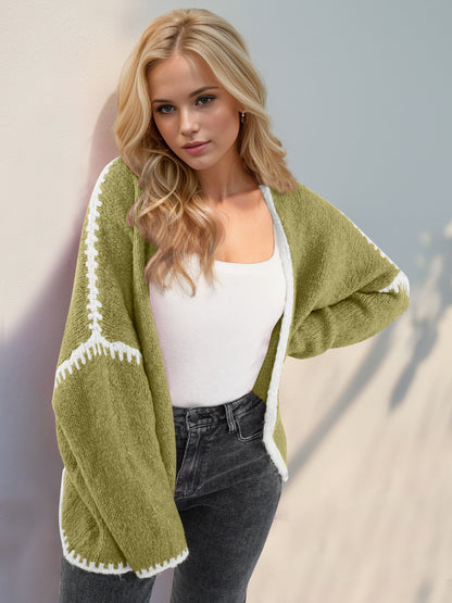 Back To School Sweater - Double Take Contrast Open Front Dropped Shoulder Cardigan