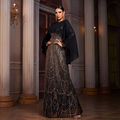 Elegant Long Sleeve Round Neck Shawl Banquet Sequined A- Line Evening Dress