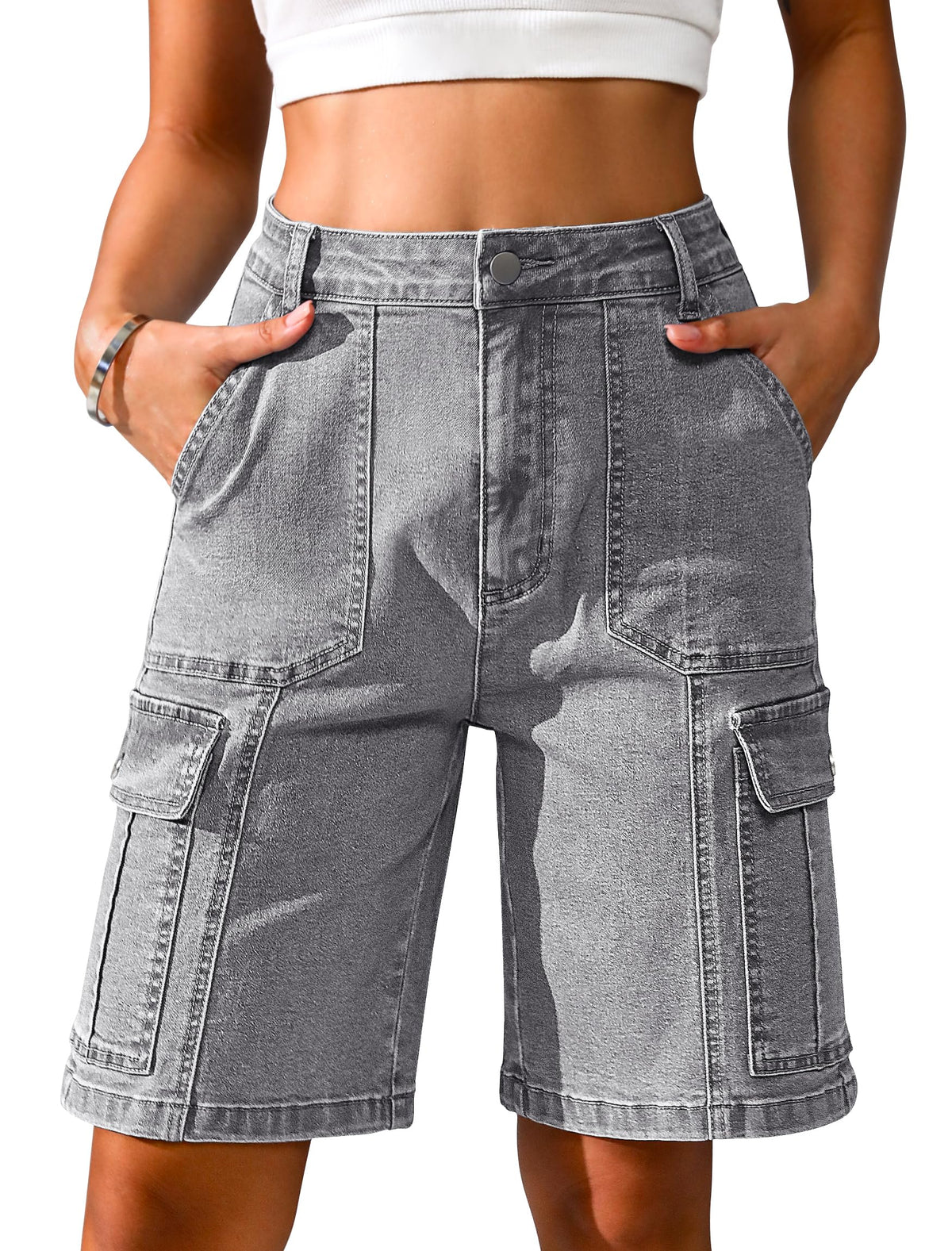 Women High Waisted Bermuda Cargo Shorts - 6 Pockets Stretchy Knee Length Summer Shorts