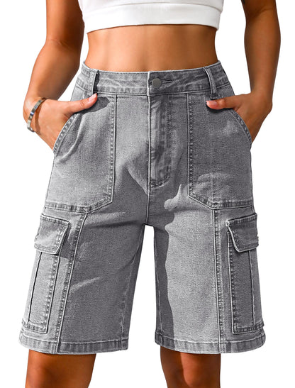 Women High Waisted Bermuda Cargo Shorts - 6 Pockets Stretchy Knee Length Summer Shorts