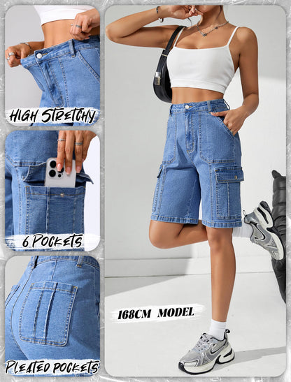 Women High Waisted Bermuda Cargo Shorts - 6 Pockets Stretchy Knee Length Summer Shorts