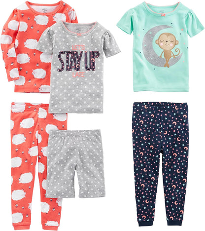 Girls Cotton Pajama Set 6-Piece - Snug Fit PJ Pack for Babies Toddlers