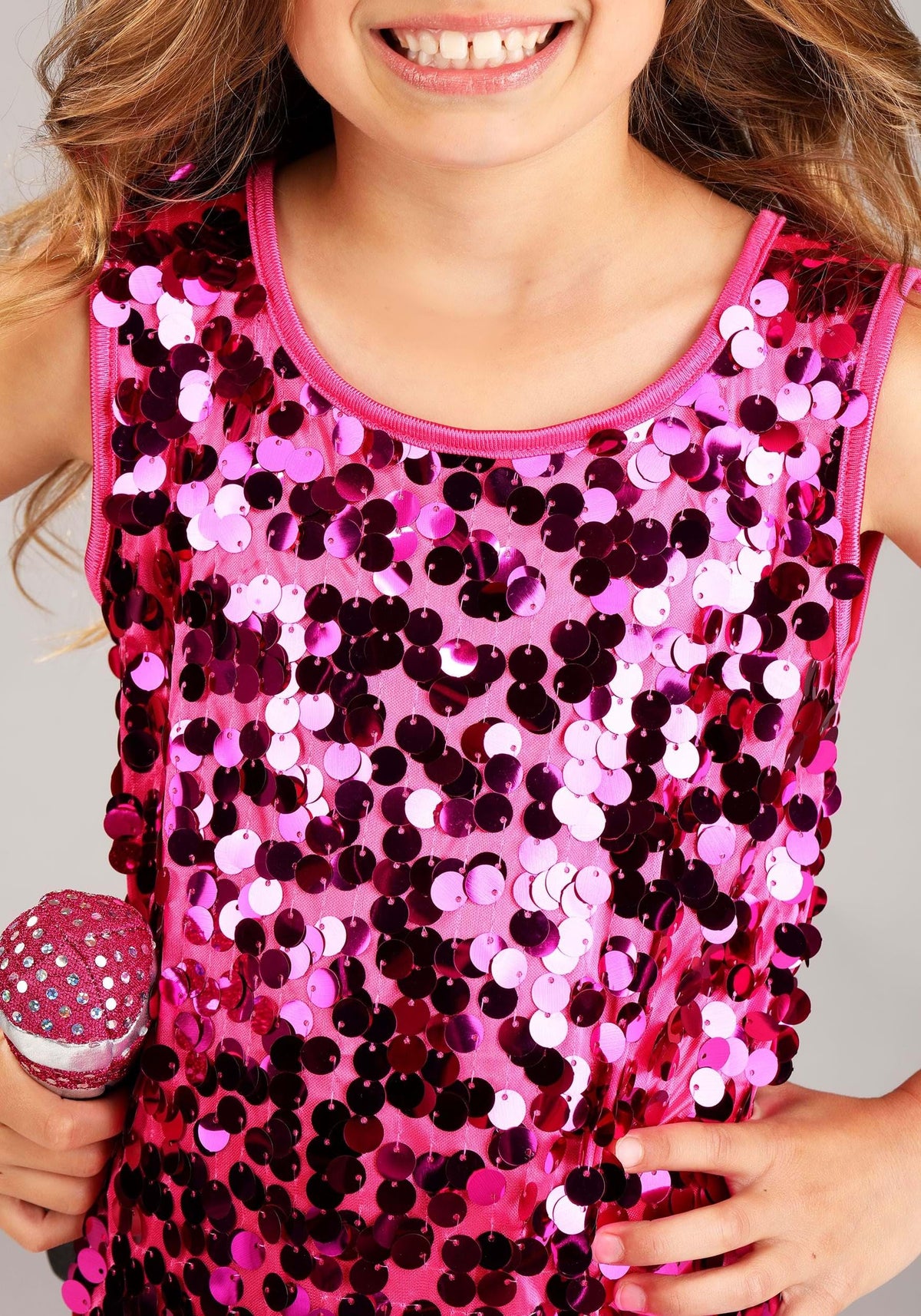 Girls Pop Singer Costume - Pink Sequin Dress with Sparkle Microphone