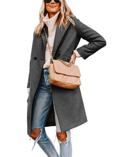 Wool Blend Pea Coat - Double Breasted Mid Length Trench Coat for Women