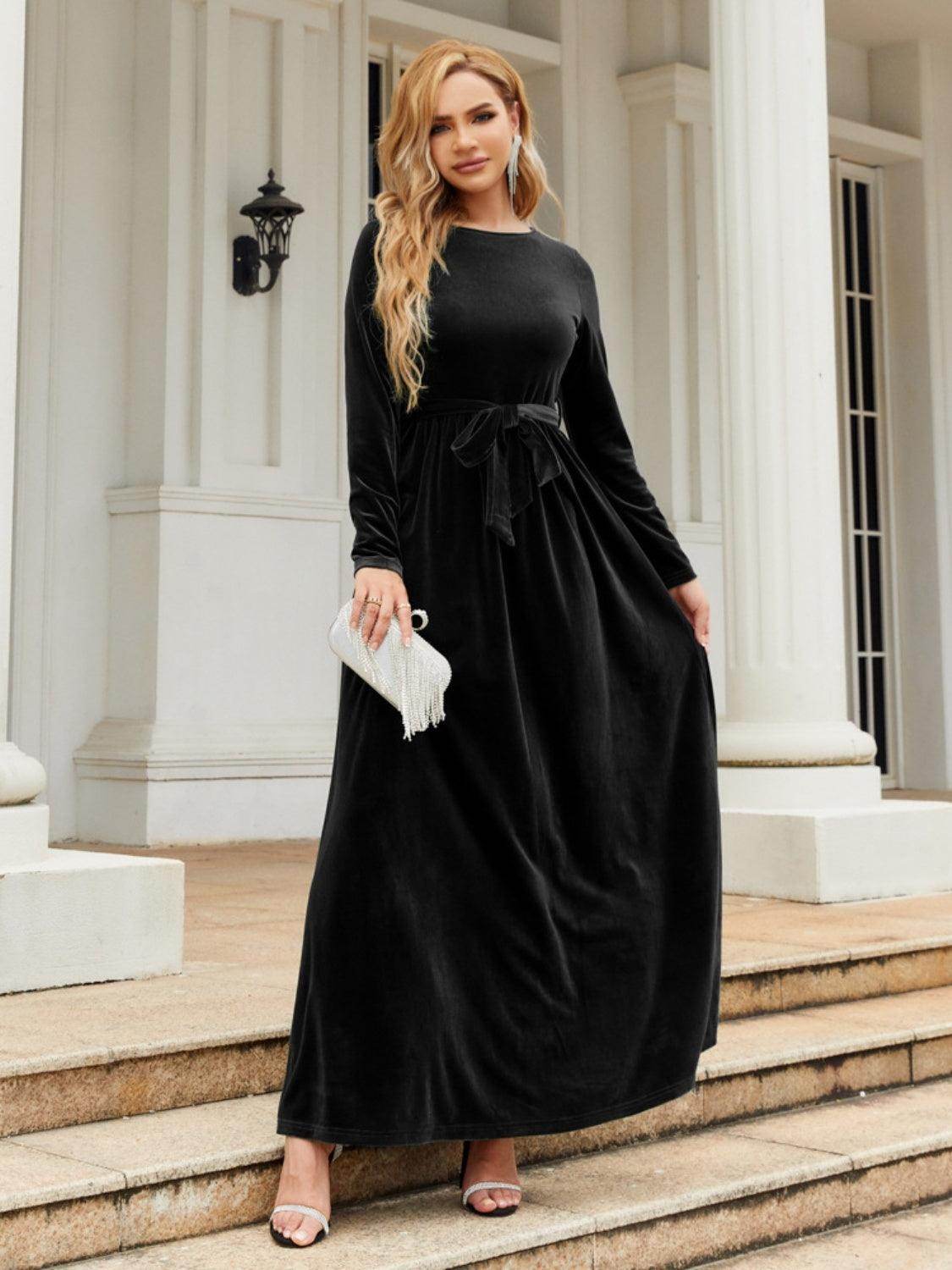 Tie Front Round Neck Long Sleeve Maxi Dress for Women