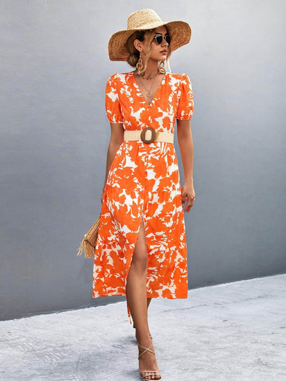 V-Neck Short Sleeve High Slit Midi Dress for Chic Style