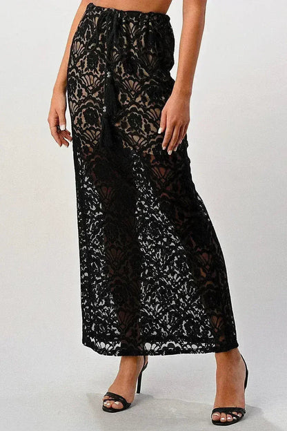 Sheer Lace Maxi Skirt - Drawstring Waist &amp; Bow | Femstylo