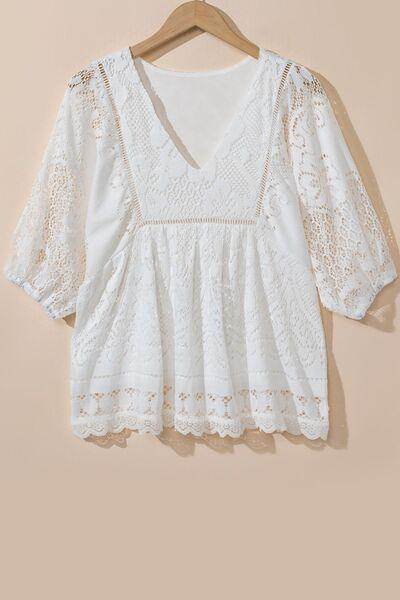 Lace Crochet Hollowed Scallop Hem V Neck Blouse for Women