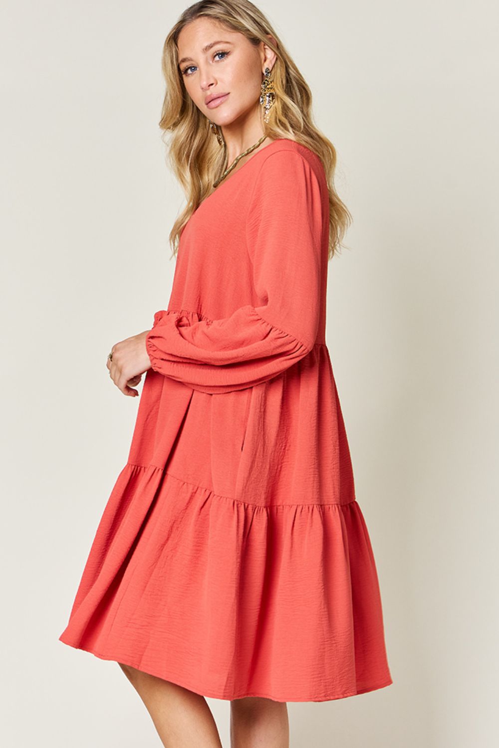 V-Neck Balloon Sleeve Tiered Boho Midi Dress