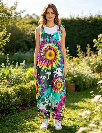 Women Colorful Graffiti Black Cat Print Tie Strap Overalls, Loose Wide Leg Rolled Cuff Casual Jumpsuit With Pockets