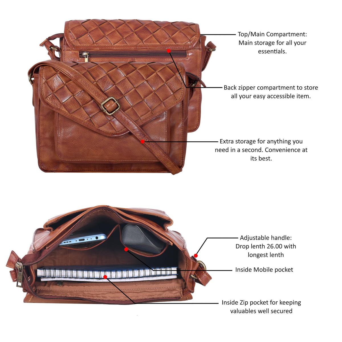 Leather Flapover Crossbody Handbag Purse for Women with Adjustable Strap &amp; Overflap Snap Closure Tote/Bag