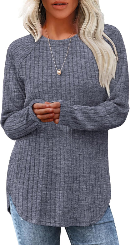 Long Sleeve Tunic Top for Women - Loose Fit Pullover with Curved Hem