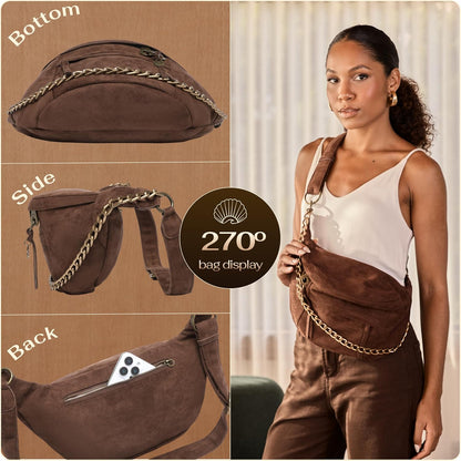 Anti Pickpocket Crossbody Large Vegan Dark Brown Suede Sling Bag RFID &amp; Glasses Pockets, Adjustable Strap, Anti Theft Design, Multiple Compartments, Chain Detail Travel Crossbody Bag for Women