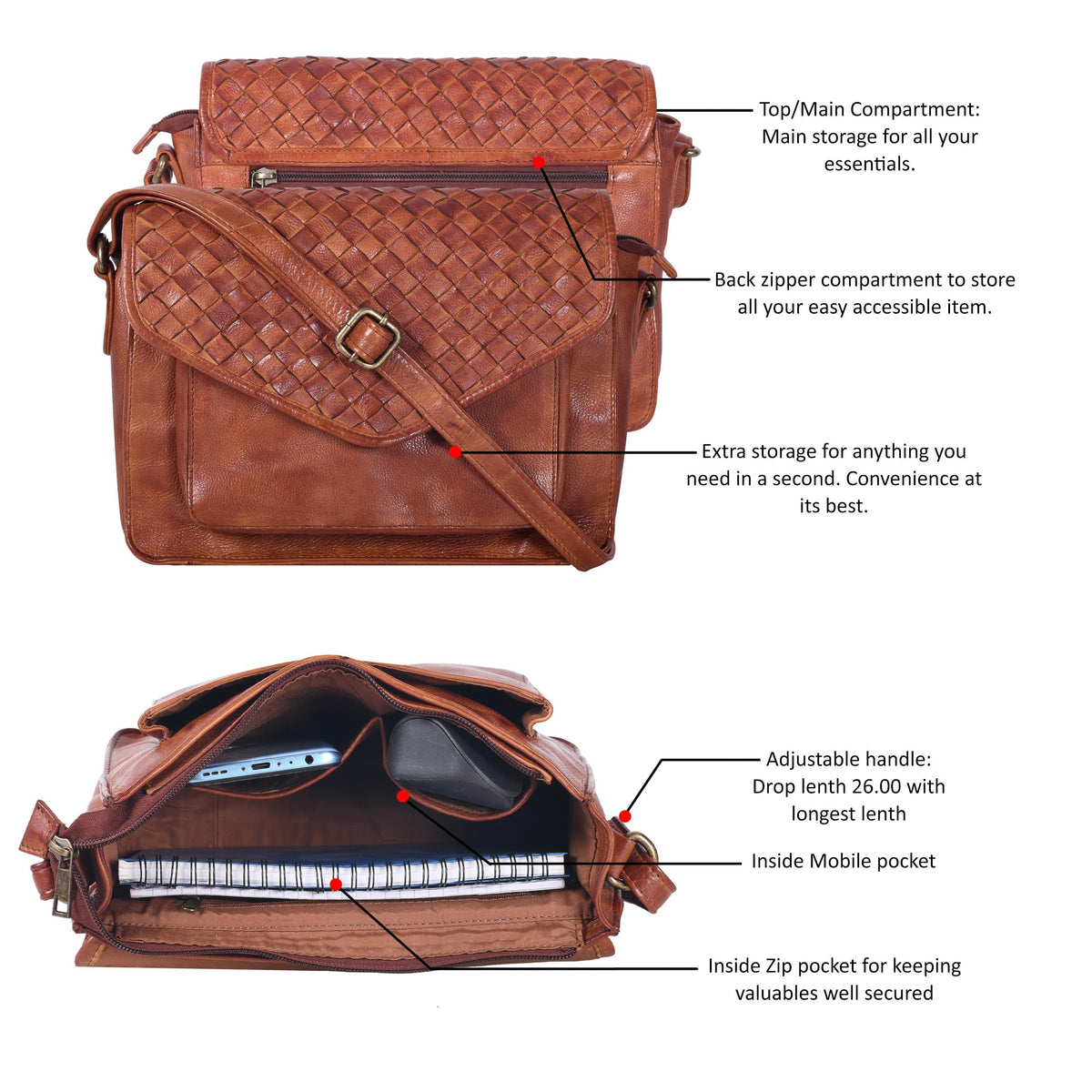 Leather Flapover Crossbody Handbag Purse for Women with Adjustable Strap &amp; Overflap Snap Closure Tote/Bag