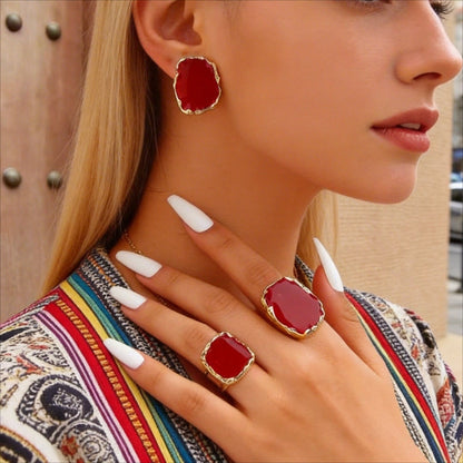 Vintage Irregular Square Red Black Glazed Ring &amp; Earrings Set Women Jewelry