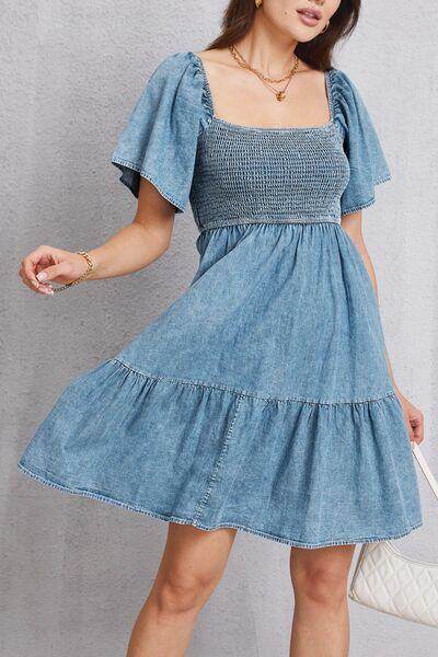 Smocked Square Neck Mini Denim Dress for Women Stylish