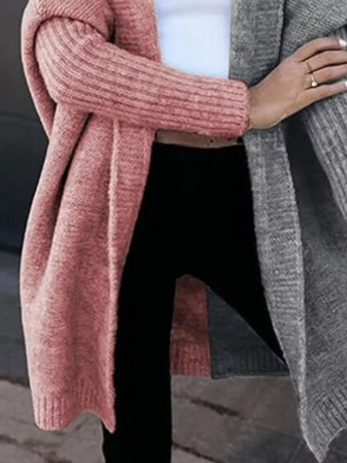 Two-Tone Open Front Knit Hooded Cardigan