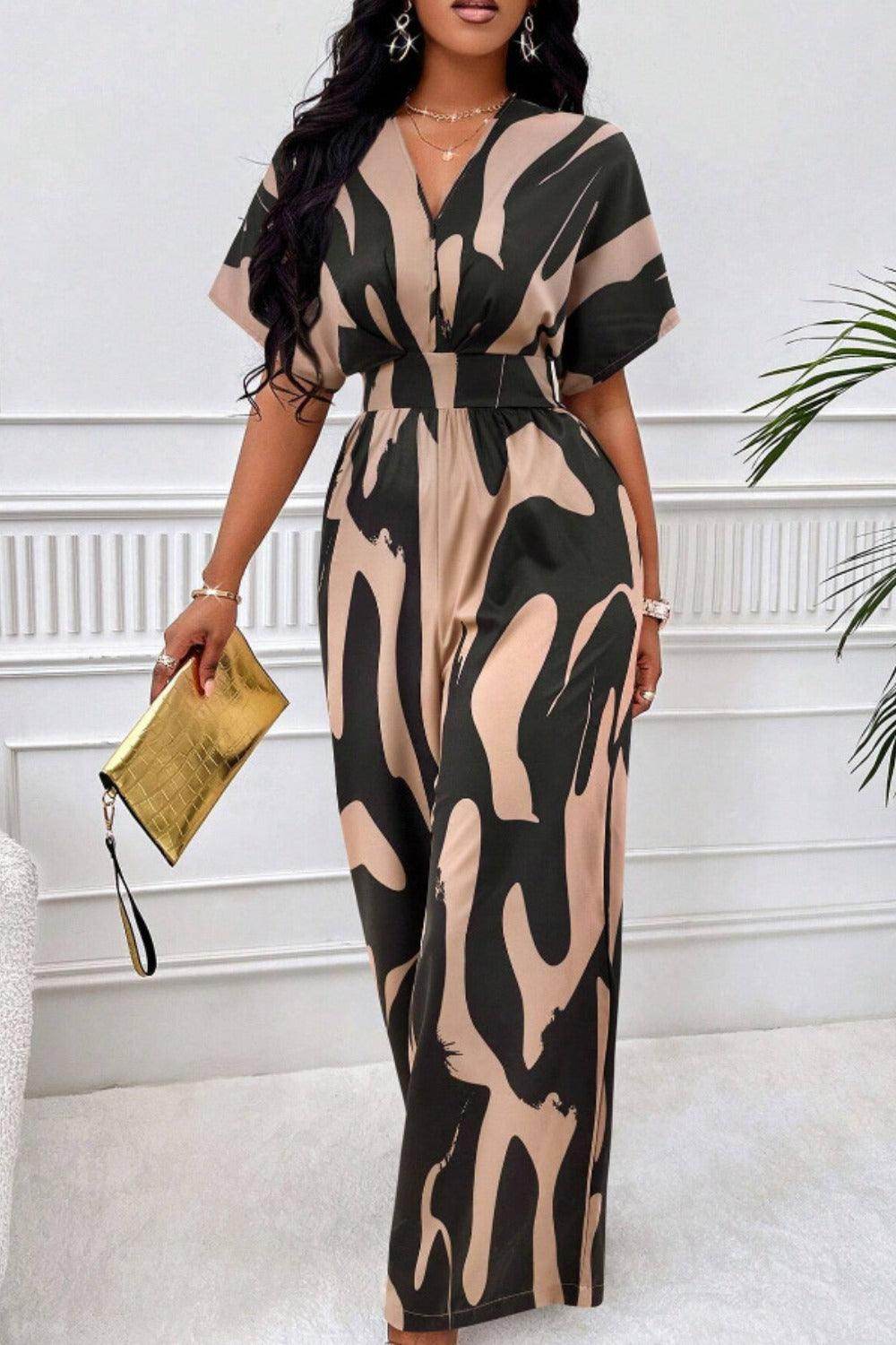 Printed V-Neck Short Sleeve Wide Leg Jumpsuit for Women
