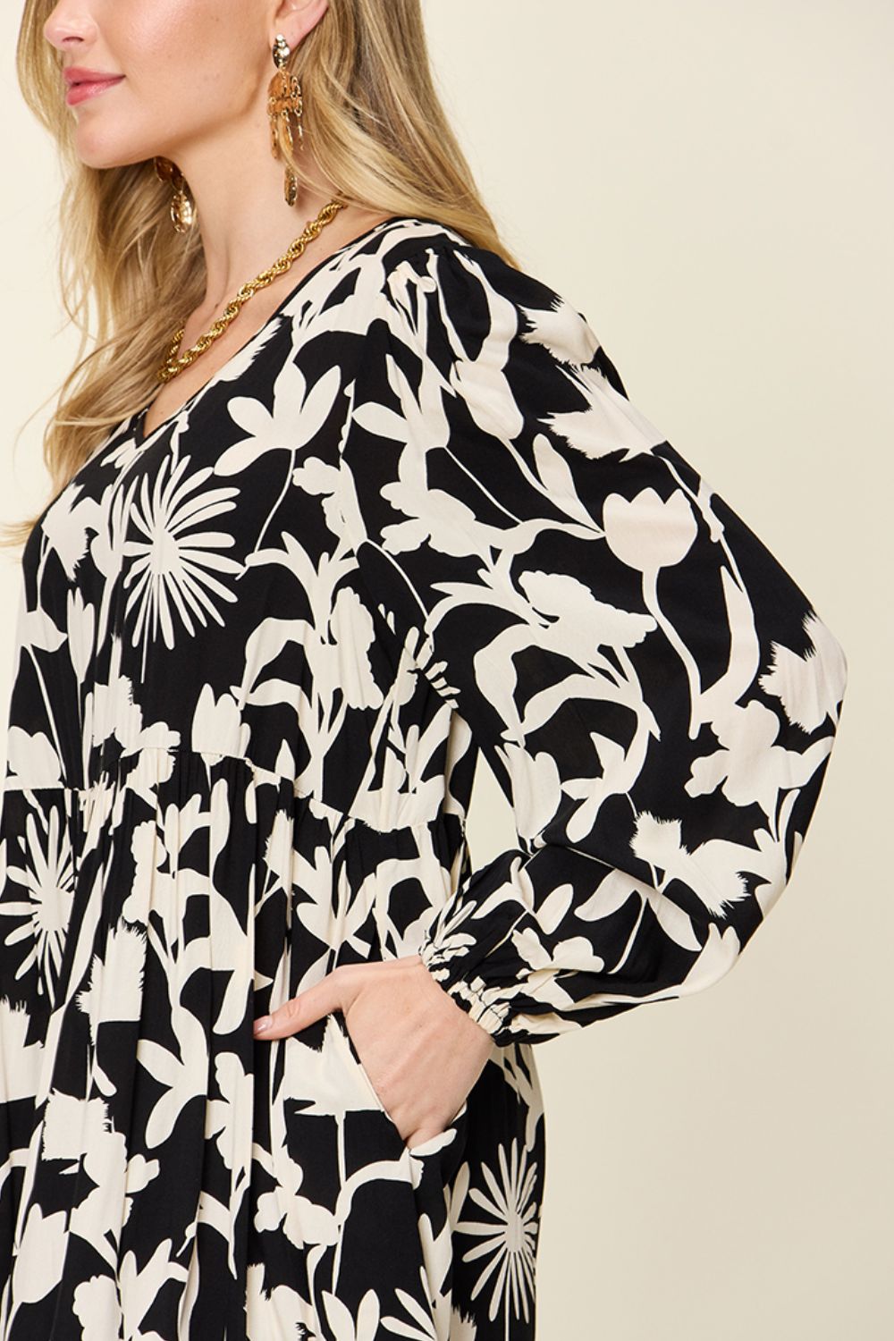 Double Take Full Size Printed Ruffle Hem Dress with Pocket Stylish &amp; Functional Women Dress