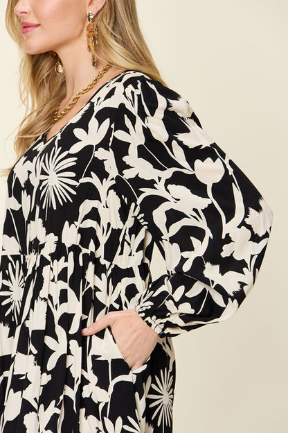 Double Take Full Size Printed Ruffle Hem Dress with Pocket Stylish &amp; Functional Women Dress