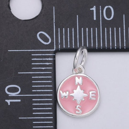925 Sterling Silver Pink Compass Charm, Coin Compass Charm Silver Compass Charm for Necklace Bracelet Earring, Travel Charm SL-051