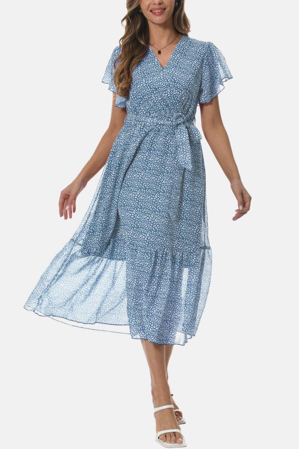 Surplice Neck Flutter Sleeve Tied Dress for Chic Style