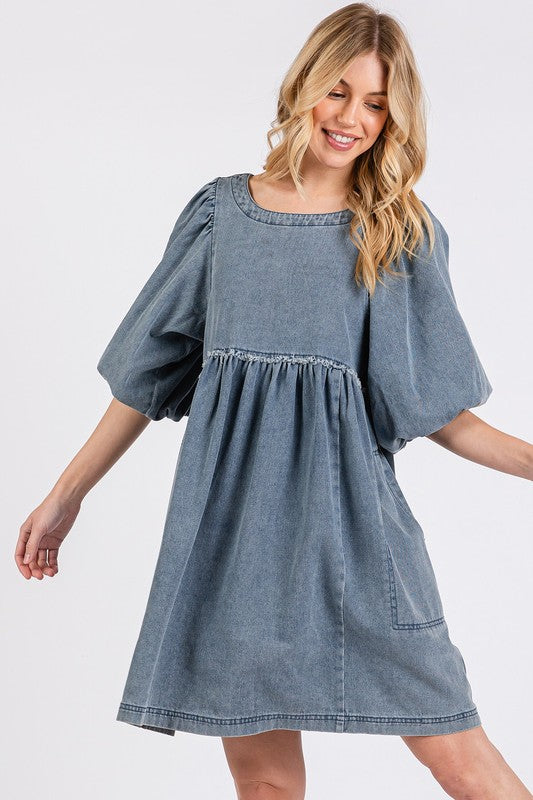 Washed Round Neck Puff Sleeve Denim Dress – Casual, Vintage-Inspired, Comfortable &amp; Chic, Effortlessly Stylish, Classic Denim Dress