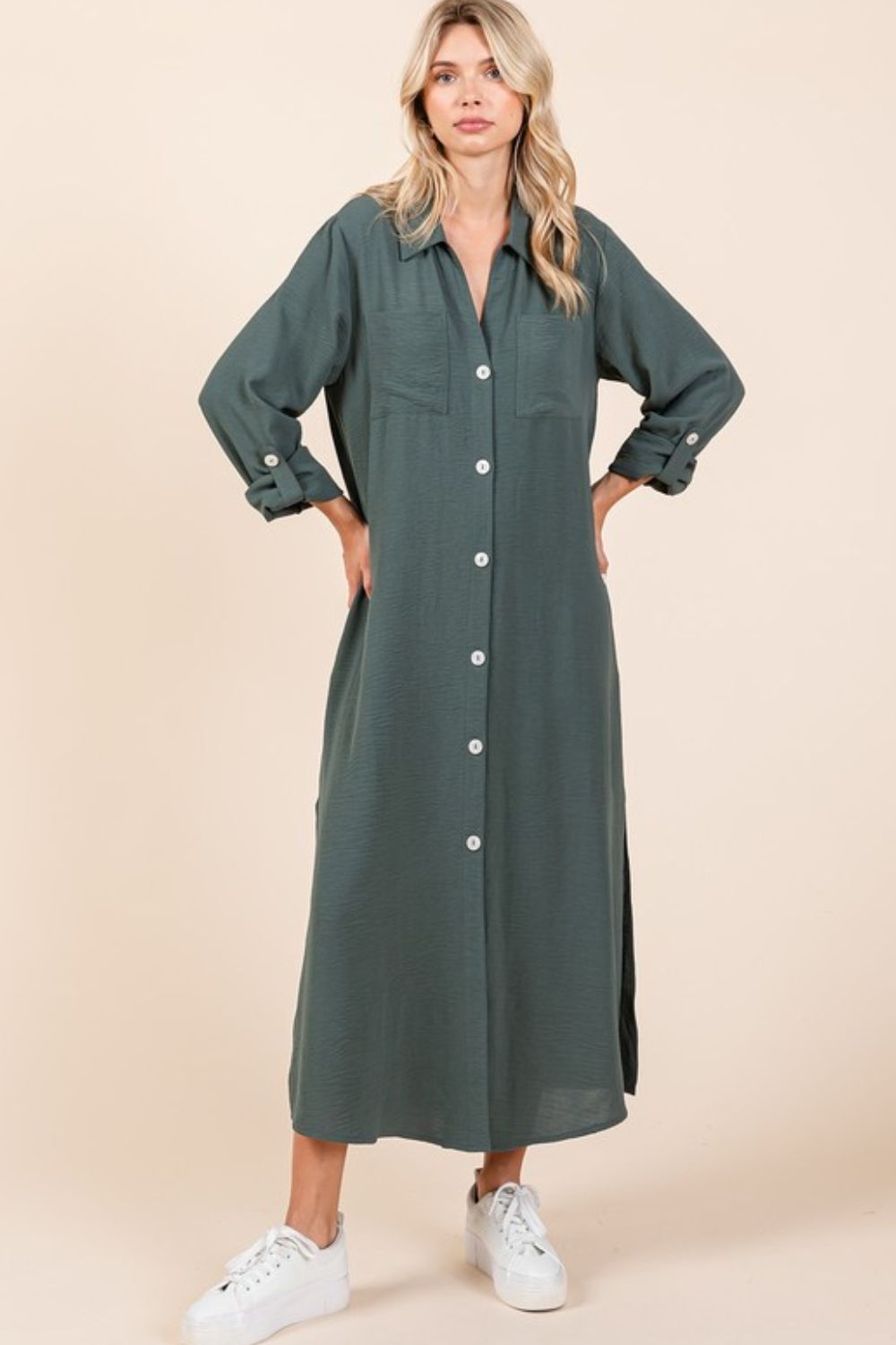 Airflow V-Neck Long Sleeve Button Down Maxi Dress For Women, Casual, Elegant and Versatile Maxi Dress with Button Detail and Slit for Effortless Style