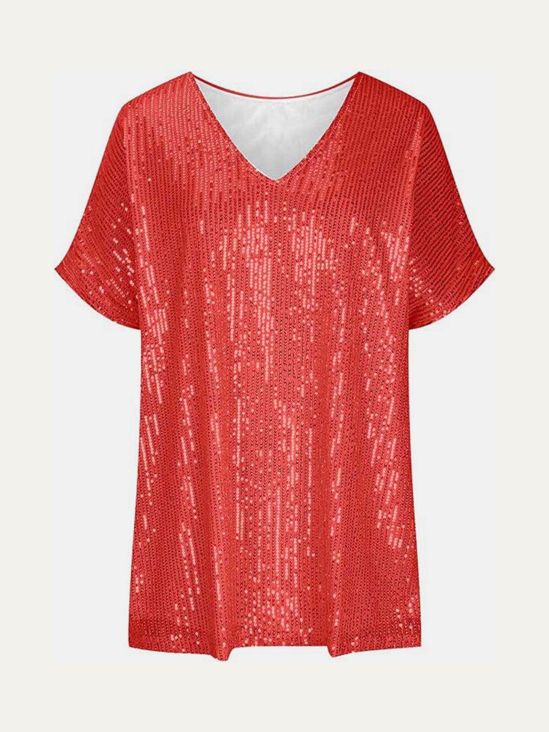 Full Size Sequin V-Neck Short Sleeve Top for Women
