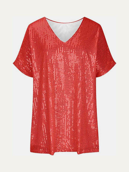 Full Size Sequin V-Neck Short Sleeve Top for Women