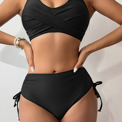 Bikini Twist Front V Neck High Waist 2 Piece Bikini Set for Women – Stretchy Tie Back Swimsuit with Drawstring Lace Up and Comfortable Fit – Trendy Solid Color Swimwear for Beach Days Pool Parties and Summer Vacations