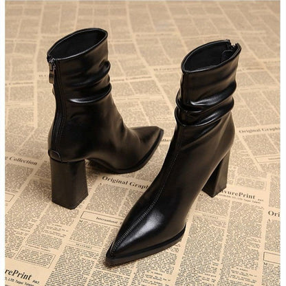 Pointed-toe Velvet-lined Warm High-heeled Boots For Women