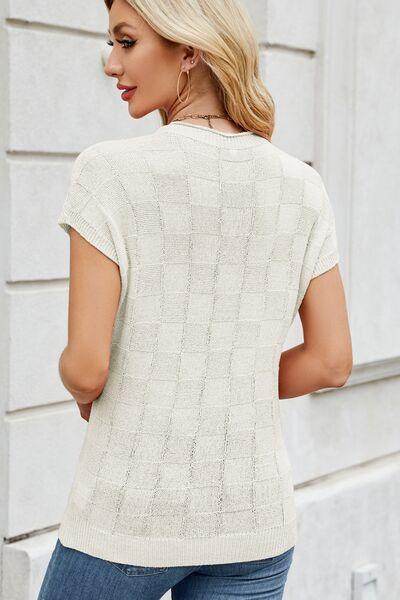 Checkered Round Neck Short Sleeve Knit Top for Women