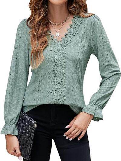 Lace Detail Eyelet V-Neck Flounce Sleeve Blouse for Women
