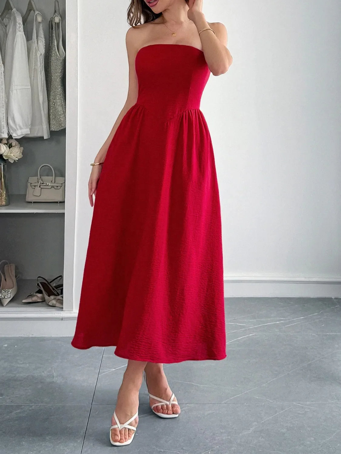 Strapless A-Line Midi Dress with Pockets