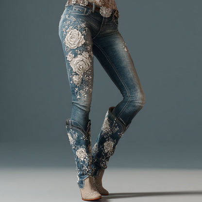 Womens Denim Jeans  Womens Trousers With Colorful 3D Floral Prints