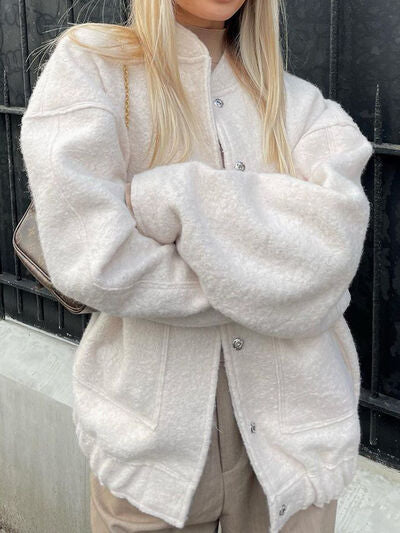 Autumn Casual Full Size Drop Shoulder Snap Down Jacket with Buttoned Front and Pockets