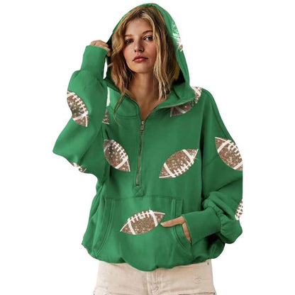 Women Half Zip Hoodie, Glitter Football Print Oversized Hooded Sweatshirt With Kangaroo Pocket