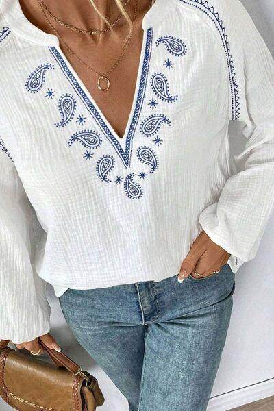 Embroidered Notched Long Sleeve Blouse for Women Fashion