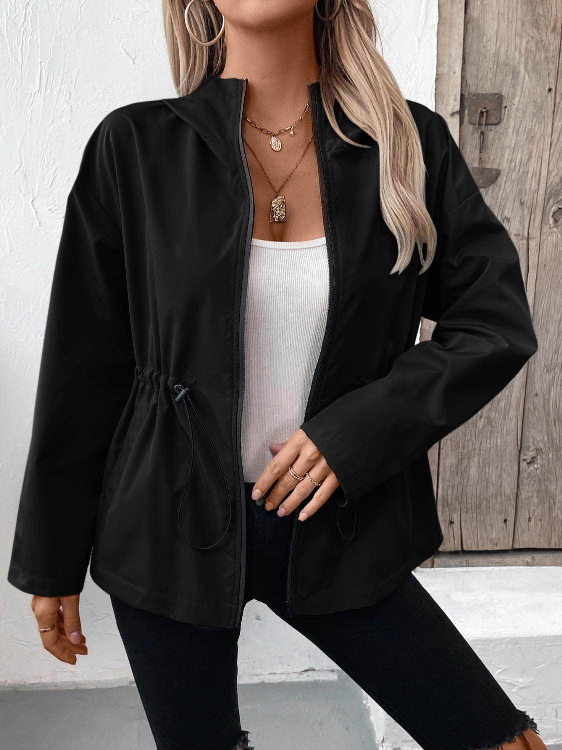 Ivy Lane Drawstring Zip Up Hooded Jacket for Women