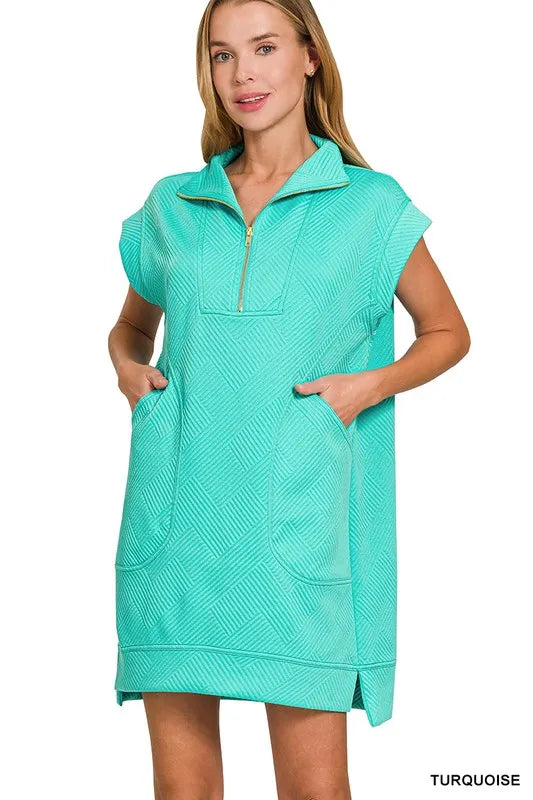 Zenana Textured Knit Jacquard Quarter Zipper Mini Dress