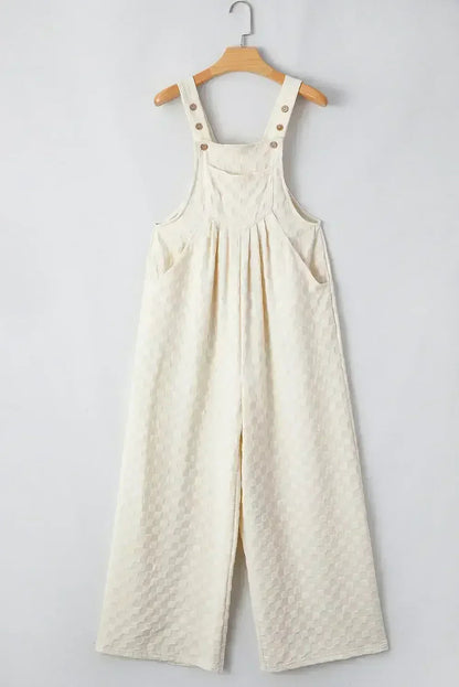 Beige Checkered Pocket High Waist Wide Leg Overall