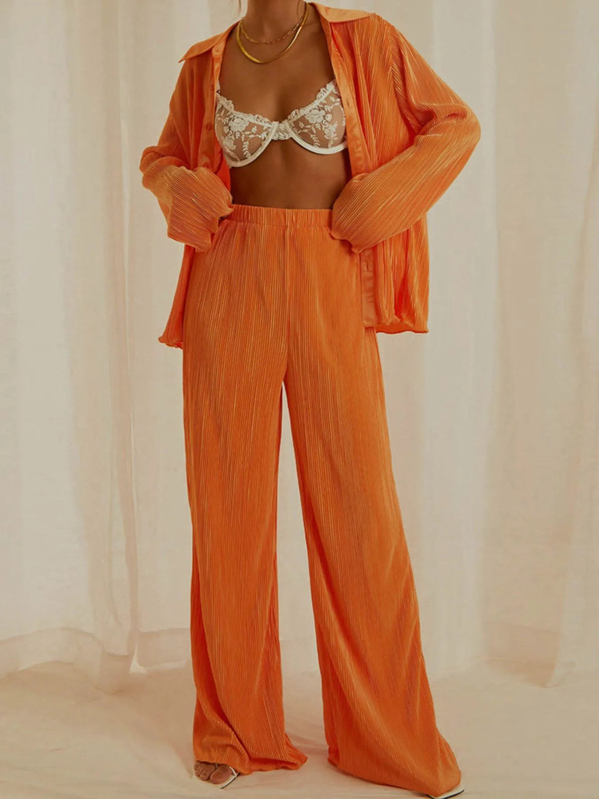 Button Up Long Sleeve Top and Pants Set