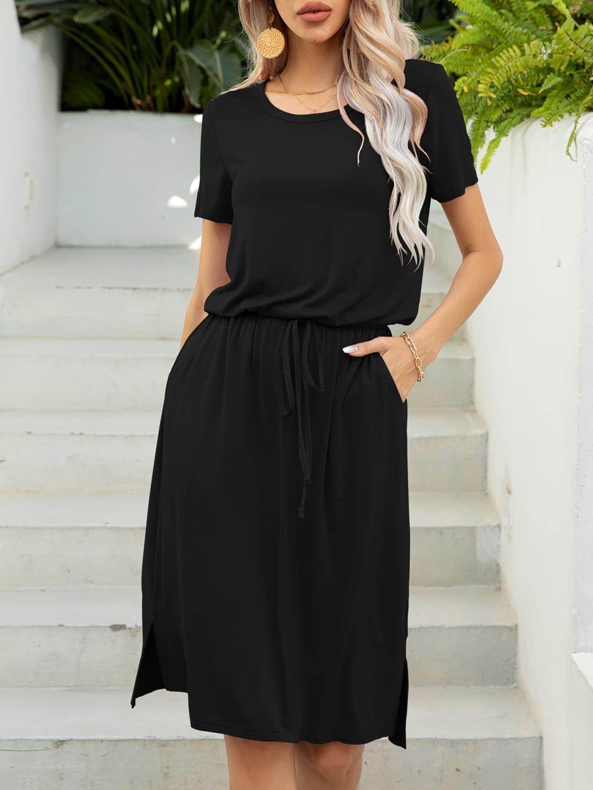 Round Neck Short Sleeve Slit Dress with Pockets for Women