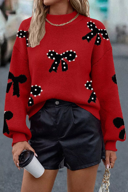 Round Neck Bow Pattern Pearl-Embellished Sweater