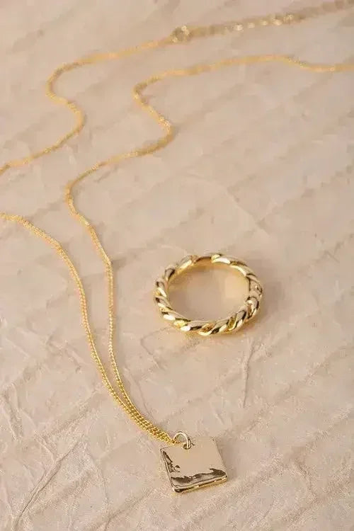 Gold Twisted Ring &amp; Square Pendant Necklace Set - Nickel-Free