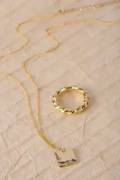 Gold Twisted Ring &amp; Square Pendant Necklace Set - Nickel-Free