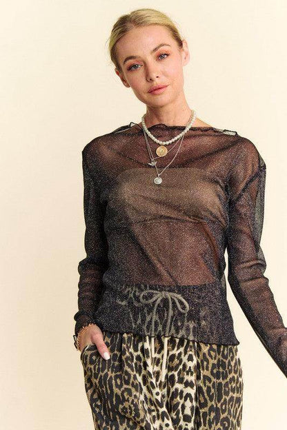 Davi &amp; Dani Glitter Mesh Lettuce Hem Long Sleeve Top for Women