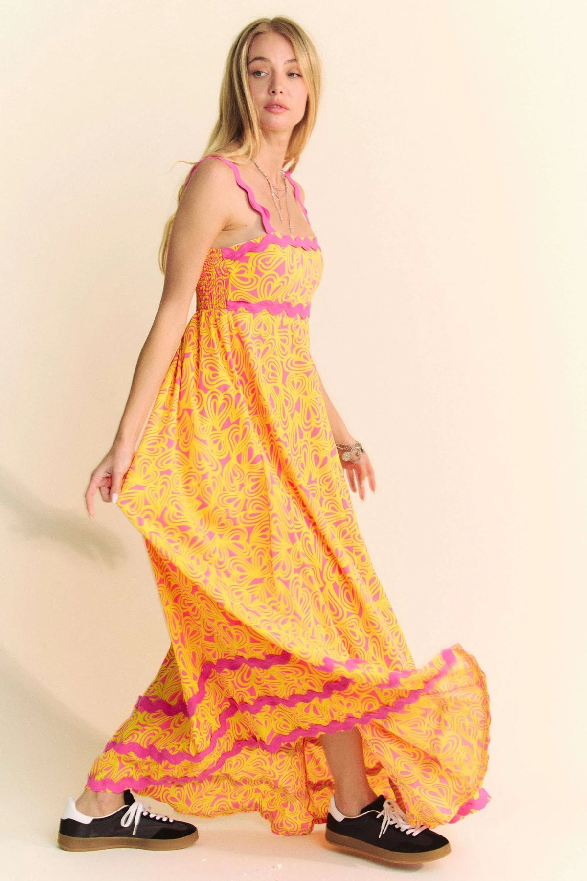Davi &amp; Dani Geo 2 Tone Printed Wavi Trim Tiered Maxi Dress